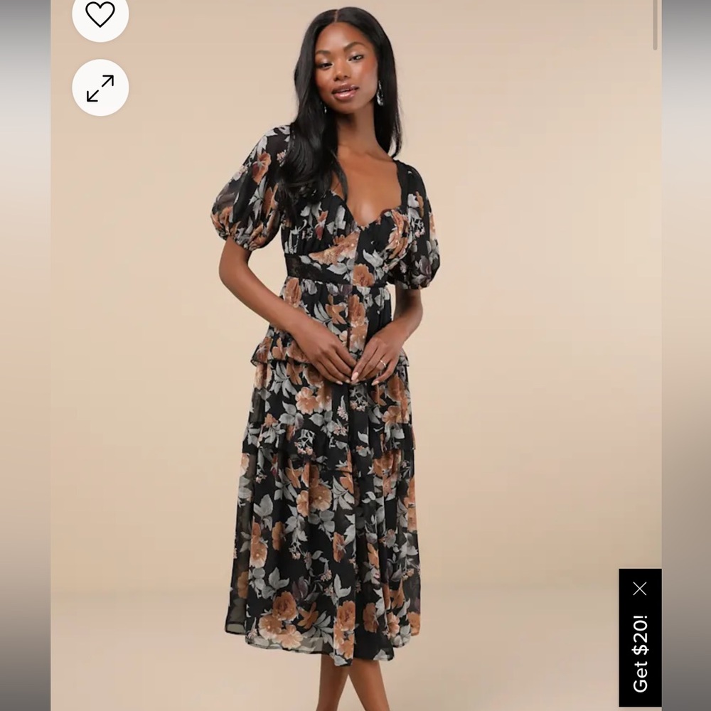 Lulus fawning favorite black floral dress with lace up back and lace. Large